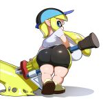  1girl absurdres ass baseball_cap bike_shorts blonde_hair blue_eyes breasts domino_mask from_behind hat highres huge_breasts inkling looking_back mask naze pointy_ears shirt short_stack solo splat_roller_(splatoon) splatoon_(series) tentacle_hair white_background white_shirt 