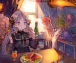  1girl :t black_dress blush bottle cha_goma closed_mouth commentary_request curtains dress eating food fork grey_eyes grey_hair highres holding holding_fork holding_spoon indoors long_hair long_sleeves original plate puffy_long_sleeves puffy_sleeves solo spoon table very_long_hair window 