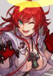  1girl ankh black_gloves bodysuit breasts claw_pose cleavage_cutout clothing_cutout collarbone gloves green_eyes guilty_gear guilty_gear_strive halo hankuri jack-o&#039;_valentine medium_breasts one_eye_closed open_mouth redhead round_teeth solo teeth white_bodysuit 