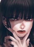  1girl black_hair closed_mouth ear_piercing earrings freckles grey_eyes highres hoshi_san_3 jewelry lipstick long_hair looking_at_viewer makeup original piercing portrait red_lips solo v_over_mouth 