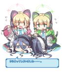  3girls :d animal_ears arisu_(blue_archive) bangs black_hair black_hairband blonde_hair blue_archive blue_eyes blue_neckwear cable cat_ear_headphones collared_shirt controller eyebrows_visible_through_hair eyes_visible_through_hair fake_animal_ears flying_sweatdrops game_controller green_eyes guriin hair_between_eyes hairband headphones highres holding jacket long_hair long_sleeves lying midori_(blue_archive) momoi_(blue_archive) multiple_girls necktie on_stomach open_clothes open_jacket open_mouth shirt sidelocks smile translation_request twintails very_long_hair wavy_mouth white_background white_jacket white_shirt |_| ||_|| 
