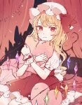  1girl bangs bed blonde_hair bow closed_mouth crystal curtains dress dress_bow eyebrows_visible_through_hair flandre_scarlet floor hat hat_ribbon heart highres jewelry looking_at_viewer mob_cap mozukuzu_(manukedori) multicolored multicolored_wings on_bed one_side_up pillow puffy_short_sleeves puffy_sleeves red_bow red_curtains red_dress red_eyes red_nails red_ribbon ribbon seiza shirt short_hair short_sleeves sitting sitting_on_bed solo tears touhou white_bow white_headwear white_shirt white_sleeves wings wrist_cuffs 