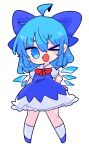  &gt;_o 1girl ahoge arms_behind_back bangs blue_bow blue_dress blue_eyes blue_footwear blue_hair bow bowtie cirno dress eyebrows_visible_through_hair full_body hair_bow highres ice ice_wings looking_at_viewer one_eye_closed op_na_yarou open_mouth pinafore_dress red_bow red_neckwear shirt short_eyebrows short_hair short_sleeves simple_background solo standing touhou white_background white_legwear white_shirt wings 