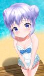  1girl alternate_hairstyle bangs bare_arms bare_shoulders beach blue_eyes blue_hair blush closed_mouth day double_bun dress frilled_swimsuit frills gochuumon_wa_usagi_desu_ka? highres kafuu_chino legs_together looking_at_viewer ocean okdy_dr_anid one-piece_swimsuit solo swimsuit 