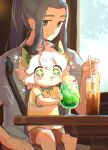  +_+ 2boys animal_ears black_eyes cat_boy cat_ears cat_tail child cup drinking drinking_straw green_eyes grey_hair grey_shirt highres long_hair luoxiaohei medium_hair multiple_boys satie shirt short_sleeves sitting sitting_on_lap sitting_on_person smile sparkle tail the_legend_of_luo_xiaohei white_hair wuxian_(the_legend_of_luoxiaohei) 