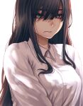  1girl black_hair blue_eyes breasts closed_mouth collared_shirt hair_between_eyes highres hoshi_san_3 large_breasts long_hair looking_at_viewer mole mole_under_mouth original shirt simple_background solo upper_body white_background white_shirt wing_collar 