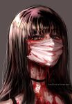  1girl black_choker blood blood_drip blood_on_face blood_on_mask bra_strap choker english_text grey_background grey_eyes highres hoshi_san_3 long_hair looking_at_viewer original portrait simple_background solo 