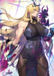  1girl azusa_(hws) bangs black_dress blonde_hair breasts chain dress earrings fairy_knight_gawain_(fate) fate/grand_order fate_(series) gauntlets heterochromia highres horns huge_breasts jewelry long_hair muscular muscular_female pantyhose see-through solo sword very_long_hair weapon 