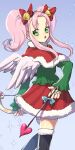  1girl arrow_(projectile) bow bow_(weapon) christmas dress green_eyes hair_bow heart highres long_hair looking_at_viewer murata_tefu open_mouth original pink_hair skirt solo thigh-highs weapon wings 