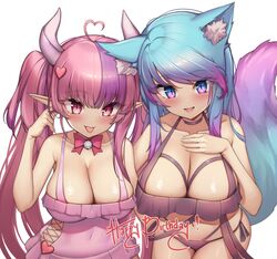  ! 2girls ahoge animal_ears bare_shoulders bell blue_hair blush bow bowtie breasts choker collarbone cowboy_shot demon_girl demon_horns english_commentary eyebrows_visible_through_hair hair_between_eyes happy_birthday heart highres horns ironmouse kaptivate large_breasts long_hair looking_at_viewer multicolored_hair multiple_girls navel neck_bell open_mouth pink_eyes pink_hair pointy_ears purple_hair second-party_source silvervale simple_background sleeveless tail teeth tongue tongue_out twintails two-tone_hair vshojo white_background wolf_ears wolf_girl wolf_tail 