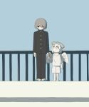  2boys absurdres angel avogado6 barefoot black_eyes black_jacket black_pants bruise bruise_on_face child colored_skin commentary_request gakuran grey_hair highres holding_hands imminent_suicide injury jacket looking_down looking_up multiple_boys original pants school_uniform shirt shoes shorts white_eyes white_hair white_shirt white_shorts white_skin white_wings wings 