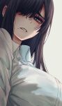  1girl black_hair breasts collared_shirt grey_eyes hair_over_one_eye highres hoshi_san_3 large_breasts long_hair looking_at_viewer mole mole_under_eye mole_under_mouth one_eye_covered open_mouth original parted_lips shirt solo upper_body white_shirt wing_collar 