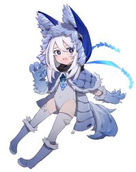  1girl :d absurdres animal_ear_fluff animal_ears animal_hands animal_hood bangs blue_capelet blue_eyes blue_footwear blue_gloves boots capelet covered_navel eyebrows_visible_through_hair fake_animal_ears fur-trimmed_boots fur-trimmed_capelet fur-trimmed_gloves fur-trimmed_hood fur_trim genshin_impact gloves hair_between_eyes highres hood hood_up hooded_capelet leotard looking_at_viewer open_mouth paimon_(genshin_impact) paw_gloves pigeon-toed simple_background smile solo thigh-highs thighhighs_under_boots white_background white_hair white_legwear white_leotard 