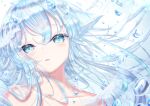  1girl animal_ears aqua_eyes aqua_hair bangs bare_shoulders blush bubble cat_ears cat_girl collarbone commentary_request eyebrows_behind_hair face feathers hou_no_ka long_hair looking_at_viewer messy_hair original parted_lips sidelocks solo tears upper_body virtual_youtuber white_background 