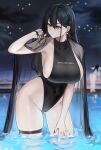  1girl bangs bare_shoulders black_hair black_swimsuit blush breasts collarbone covered_navel hayabusa highleg highleg_swimsuit highres large_breasts long_hair looking_to_the_side night night_sky one-piece_swimsuit original pool sideboob sky solo swimsuit thighs violet_eyes wading water 
