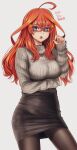  1girl ahoge black_skirt blue_eyes breasts brown_legwear contrapposto cowboy_shot dated glasses go-toubun_no_hanayome grey_sweater hair_ornament hand_up highres hoshi_san_3 large_breasts long_sleeves looking_at_viewer miniskirt nakano_itsuki open_mouth orange_hair pantyhose pencil_skirt red-framed_eyewear ribbed_sweater simple_background skirt solo standing star_(symbol) star_hair_ornament sweater white_background 