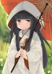  1girl aoshima_sakana bangs black_hair blunt_bangs brown_eyes commentary_request cowboy_shot hatsuyuki_(kancolle) highres hime_cut holding hood japanese_clothes kantai_collection kimono long_hair looking_at_viewer oil-paper_umbrella red_umbrella solo uchikake umbrella 