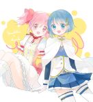  2girls absurdres arms_at_sides bangs belt blue_belt blue_eyes blue_hair blue_skirt bobby_socks bow bubble_skirt buttons cape center_frills character_name choker circle collarbone dot_nose eyebrows_visible_through_hair eyes_visible_through_hair feet_out_of_frame flat_chest fortissimo fortissimo_hair_ornament frilled_skirt frilled_sleeves frills gloves hair_between_eyes hair_ornament hair_ribbon hairclip happy highres kaname_madoka layered_skirt legs_together light_blush mahou_shoujo_madoka_magica miki_sayaka miyama_rikka multiple_girls open_mouth pink_bow pink_eyes pink_hair pleated_skirt puffy_short_sleeves puffy_sleeves ribbon ribbon_choker short_hair short_sleeves side-by-side simple_background skirt smile socks soul_gem tareme thigh-highs twintails two-tone_background waist_bow white_background white_cape white_gloves white_legwear white_skirt yellow_background zettai_ryouiki 