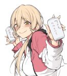  1girl bangs beer_can blonde_hair blush breasts can fang holding holding_can jacket large_breasts long_hair looking_at_viewer original shirt simple_background skin_fang smile solo spirytus_tarou track_jacket upper_body white_background white_shirt yellow_eyes 