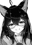  1girl ahoge animal_ear_fluff animal_ears bangs blush bow collared_shirt commentary_request dress_shirt eyebrows_visible_through_hair glasses greyscale grin hair_between_eyes hair_ornament hairclip highres jacket long_hair looking_at_viewer macchiato_(jae-min_cho) mole mole_under_eye monochrome open_clothes open_jacket shirt simple_background smile solo upper_body vrchat white_background 