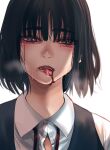 1girl black_eyes black_hair black_vest blood blood_on_face blurry blurry_background collared_shirt depth_of_field glitter highres hoshi_san_3 looking_at_viewer medium_hair mole mole_under_eye open_mouth original shirt simple_background solo tongue tongue_out upper_body vest white_background white_shirt wing_collar 