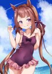  1girl :q animal_ears bangs bare_arms bare_shoulders black_bow blue_sky blush bow braid breasts brown_hair casual_one-piece_swimsuit closed_mouth clouds cloudy_sky collarbone commentary_request covered_navel day eyebrows_visible_through_hair flower frilled_swimsuit frills hair_flower hair_ornament hair_rings hands_up highres horizon horse_ears horse_girl horse_tail long_hair looking_at_viewer low_twintails ocean one-piece_swimsuit outdoors purple_flower purple_swimsuit setu_(shining12) sky small_breasts smile solo sweep_tosho_(umamusume) swimsuit tail tongue tongue_out twin_braids twintails umamusume v-shaped_eyebrows very_long_hair violet_eyes water 