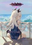  1girl ass beach blue_archive deck dema_hmw from_behind highres hina_(blue_archive) horns long_hair looking_at_viewer looking_back ocean old_school_swimsuit purple_horns school_swimsuit sitting solo swimsuit water waves white_hair 
