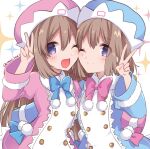  2girls ;) ;d arm_around_waist blue_coat blue_eyes blue_headwear blue_neckwear blush bow bowtie breast_press brown_hair buttons cheek-to-cheek coat double-breasted fang fur-trimmed_coat fur_trim hair_between_eyes hand_up happy haruna_(citrus_love_i) hug long_hair medium_hair multiple_girls neptune_(series) one_eye_closed open_mouth pink_coat pink_headwear pink_neckwear pom_pom_(clothes) ram_(neptune_series) rom_(neptune_series) siblings sisters smile starry_background symmetrical_docking twins v very_long_hair wide_sleeves 