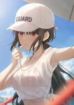  1girl arm_up armpit_peek armpits baseball_cap bikini bikini_under_clothes black_hair breasts connie_(keean2019) crop_top day hand_up hat highres holding long_hair low_ponytail midriff original outdoors parted_lips pink_eyes revision see-through shirt short_sleeves side-tie_shirt sidelocks small_breasts solo striped striped_bikini swimsuit upper_body wet whistle white_headwear white_shirt 