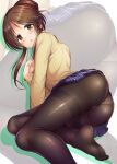  1girl :o absurdres ass bangs black_legwear blue_skirt blush brown_cardigan brown_eyes brown_hair cardigan commentary_request eyebrows_visible_through_hair feet foot_out_of_frame hair_bun highres idolmaster idolmaster_cinderella_girls long_sleeves looking_at_viewer lying ment on_side open_mouth panties panties_under_pantyhose pantyhose pink_panties ponytail skirt solo swept_bangs takamori_aiko thighs toes underwear zoom_layer 