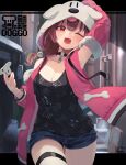  1girl :3 absurdres alternate_costume breasts brown_eyes brown_hair cellphone choker detached_sleeves dog_girl fangs highres hololive hood hoodie huge_filesize inugami_korone long_hair phone red_eyes roco_(rocoroco1115) short_shorts shorts solo tank_top virtual_youtuber 
