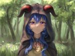  1girl bangs blue_hair blush cape english_commentary eyebrows_visible_through_hair flower forest ganyu_(genshin_impact) genshin_impact goat_horns highres hood horns long_hair looking_at_viewer multicolored multicolored_eyes nature smile solo stormstx tree tsurime violet_eyes 