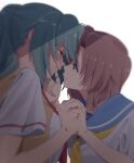  2girls aru_aru blue_eyes blue_sailor_collar blurry blush brown_hair crying depth_of_field green_eyes green_hair hand_on_another&#039;s_cheek hand_on_another&#039;s_face higurashi_no_naku_koro_ni holding_hands light_smile long_hair multiple_girls necktie ponytail red_neckwear ryuuguu_rena sailor_collar school_uniform serafuku shaded_face shirt short_hair sonozaki_mion upper_body vest white_shirt yellow_neckwear yellow_vest yuri 