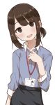 1girl :d absurdres bangs black_skirt blue_shirt blush brown_eyes brown_hair collared_shirt commentary douki-chan_(yomu_(sgt_epper)) dress_shirt eyebrows_behind_hair ganbare_douki-chan hand_up head_tilt highres id_card lanyard long_sleeves looking_at_viewer low_ponytail office_lady open_mouth ponytail shirt sidelocks simple_background skirt smile solo white_background yamamoto_souichirou 