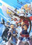  belt blonde_hair blue_eyes blue_hair brown_hair dark_skin dizzy_(guilty_gear) fighting_stance gloves guilty_gear guilty_gear_xrd ky_kiske long_hair lucifero pale_skin ponytail ramlethal_valentine red_eyes short_hair sin_kiske sol_badguy sword tan weapon wings yora 