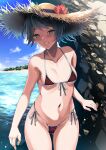  1girl ass_visible_through_thighs bangs bare_arms bare_legs bare_shoulders beach bikini black_hair blue_sky blush breasts clouds collarbone cowboy_shot day eyebrows_visible_through_hair flower front-tie_bikini front-tie_top green_eyes groin hat hat_flower highres kantai_collection kyogoku_shin looking_at_viewer mogami_(kancolle) navel ocean outdoors red_bikini red_flower reward_available shore short_hair side-tie_bikini sky small_breasts smile solo standing straw_hat string_bikini sun_hat swimsuit thigh_gap water 