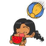  1girl arung_samudra_(cessa) ball beachball cessa closed_eyes dark-skinned_female dark_skin food fruit holding holding_food holding_fruit lowres ombok_diving_and_delivery_services open_mouth simple_background smile solo watermelon_slice white_background 