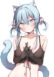  1girl ahoge animal_ear_fluff animal_ears bangs bare_shoulders black_bra black_gloves blue_eyes blue_hair blush bra breasts cat_ears cat_girl cat_tail collarbone commentary_request elbow_gloves eyebrows_visible_through_hair gloves hair_between_eyes hair_ornament hairclip hands_clasped hands_up highres long_hair looking_at_viewer medium_breasts navel original own_hands_together parted_lips pom_pom_(clothes) pom_pom_hair_ornament simple_background sinnop10 solo stomach tail tail_raised two_side_up underwear upper_body white_background 