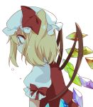  1girl bangs blonde_hair bow closed_mouth collar collared_shirt crying crystal dress eyebrows_visible_through_hair flandre_scarlet hair_between_eyes hat hat_ribbon jewelry looking_to_the_side mob_cap multicolored_wings one_side_up ponytail puffy_short_sleeves puffy_sleeves red_bow red_dress red_eyes red_ribbon ribbon sasaki_sakiko shirt short_hair short_sleeves simple_background solo tears touhou upper_body white_background white_headwear white_shirt white_sleeves wings 
