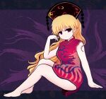  1girl bangs barefoot black_border black_headwear blonde_hair border breasts china_dress chinese_clothes closed_mouth crescent dress eyebrows_visible_through_hair hair_between_eyes hand_up hat highres junko_(touhou) long_hair looking_to_the_side medium_breasts phoenix_crown pom_pom_(clothes) purple_background red_dress red_eyes rei_(tonbo0430) sitting sleeveless solo touhou 