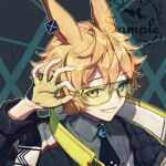  1boy aluce animal_ears artist_name black_hair blush closed_mouth coat glasses hand_up jacket looking_at_viewer orange_eyes original pale_skin rabbit_ears serious shiny shiny_clothes shiny_hair short_hair signature simple_background solo standing thunder watermark 