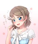 1girl alternate_hairstyle bangs blue_eyes blush brown_hair collarbone commentary_request cosplay eyebrows_visible_through_hair hair_ornament half_updo looking_at_viewer love_live! love_live!_sunshine!! sakurauchi_riko_(cosplay) shiny shiny_hair shirosuke_46 short_hair solo translation_request upper_body watanabe_you