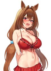  1girl absurdres animal_ears arms_behind_back bikini blush breasts brown_hair daiwa_scarlet_(umamusume) fang frilled_bikini frills hair_between_eyes hair_bobbles hair_ornament highres horse_ears horse_girl large_breasts long_hair looking_at_viewer low_twintails navel open_mouth red_bikini red_eyes skin_fang solo swimsuit twintails umamusume urrrt very_long_hair 