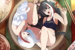  2girls admiral_graf_spee_(azur_lane) angry animal_ear_fluff animal_ears aqua_eyes armpits azur_lane background_text black_hair black_tail black_tank_top black_undershirt blush bowl breasts cat_ears cat_tail chopsticks claw_pose coaster commentary_request crossed_arms deutschland_(azur_lane) dress dress_straps eyebrows eyebrows_visible_through_hair eyes_visible_through_hair fang fetal_position highres in_bowl in_container leg_up legs_together lying medium_breasts multicolored_hair multiple_girls on_back on_side one_eye_closed open_mouth redhead silver_hair skin_fang streaked_hair table tail tank_top thighs translation_request underwear urabesunahito white_dress white_hair white_tail yawning 