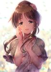  1girl absurdres blurry bokeh brown_eyes brown_hair capelet collarbone depth_of_field hair_bun happy happy_tears highres idolmaster idolmaster_cinderella_girls long_hair looking_at_viewer ment open_mouth shiny shiny_hair sidelocks smile solo takamori_aiko tears upper_body wiping_tears 