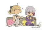  2girls :t ahoge artoria_pendragon_(fate) asaya_minoru bangs black_bow blonde_hair blush bow cake cake_slice closed_mouth cup detached_sleeves dress eating eyebrows_visible_through_hair fate/grand_order fate/unlimited_codes fate_(series) food fork gloves grey_dress grey_hair hair_bow heart holding holding_fork holding_plate kama_(fate) long_sleeves multiple_girls pillow plate ponytail purple_dress purple_legwear purple_sleeves red_eyes saber_lily simple_background sitting sleeveless sleeveless_dress smile teacup thigh-highs twitter_username utensil_in_mouth white_background white_gloves 