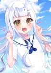  1girl :d alternative_girls bangs blue_sky blush brown_eyes character_request clouds commentary_request day dress hands_up heart highres long_hair open_mouth outdoors sailor_collar sailor_dress silver_hair sky smile solo sparkle suzu_(minagi) upper_body very_long_hair white_dress white_sailor_collar 