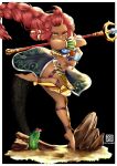  1girl absurdres arms_up barefoot black_background braid cactus dark-skinned_female dark_skin full_body green_eyes highres holding holding_staff leg_up long_hair looking_at_viewer nyusho redhead riju solo staff the_legend_of_zelda the_legend_of_zelda:_breath_of_the_wild 