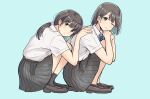  2girls absurdres aqua_background betock hand_on_another&#039;s_back highres multiple_girls one_eye_closed original school_uniform short_hair smile squatting twintails yuri 