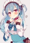  1girl :q bangs beniko_(ymdbnk) blue_bow blue_hair blue_skirt blush bow breasts choker closed_mouth collared_shirt commentary_request diagonal_stripes dress_shirt eyebrows_visible_through_hair grey_background hair_between_eyes hands_up heart highres long_hair long_sleeves looking_at_viewer maid_headdress medium_breasts original red_choker red_eyes shirt skirt sleeves_past_wrists smile solo striped striped_background suspender_skirt suspenders suspenders_slip tongue tongue_out two_side_up v vertical-striped_skirt vertical_stripes white_shirt 